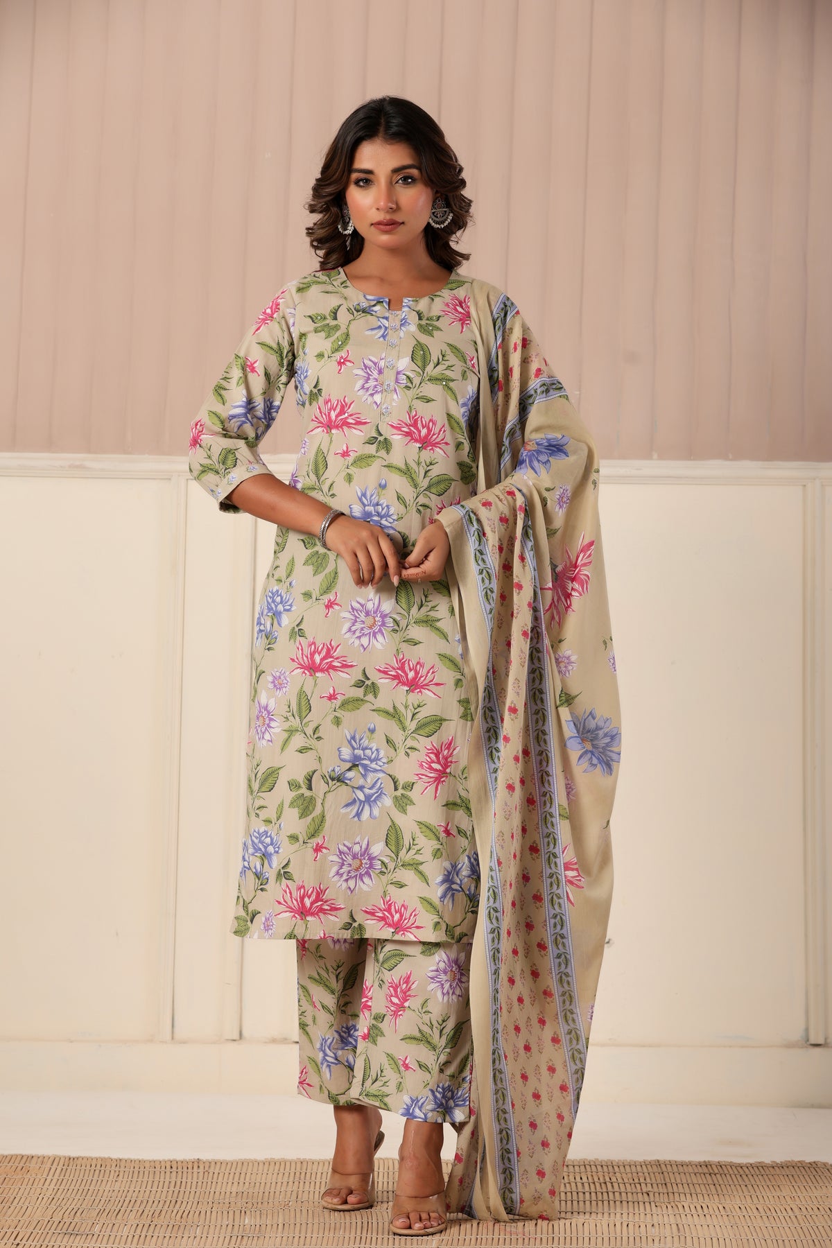 Beige floral printed cotton kurta set