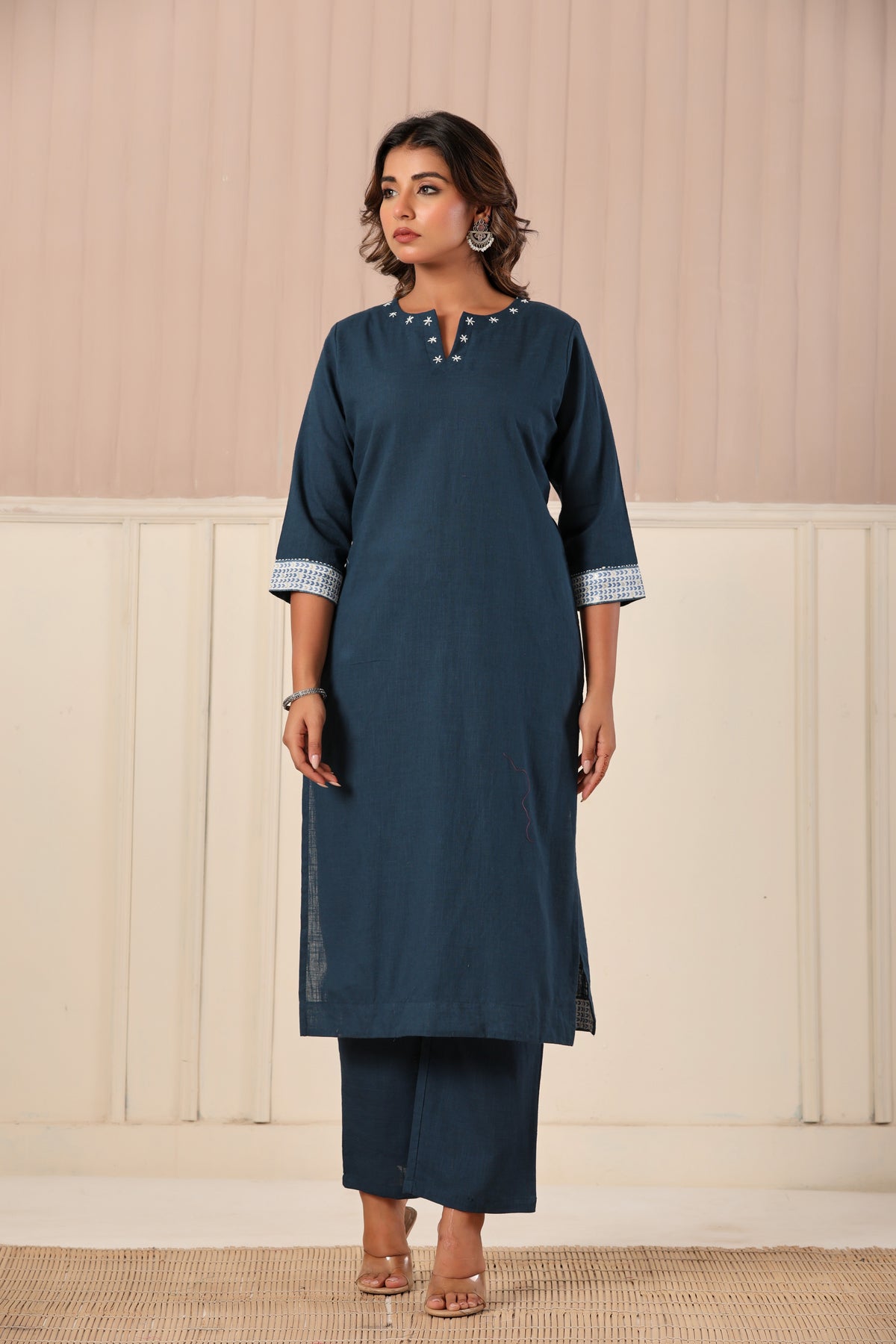 Solid navy blue cotton kurta set with printed dupatta