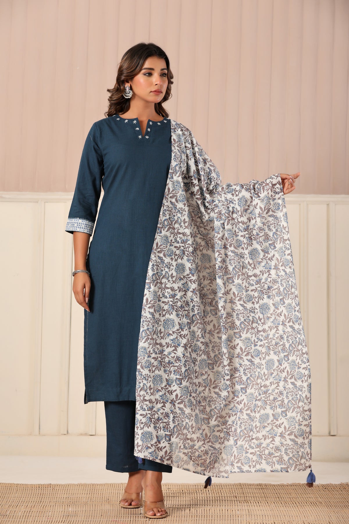 Solid navy blue cotton kurta set with printed dupatta