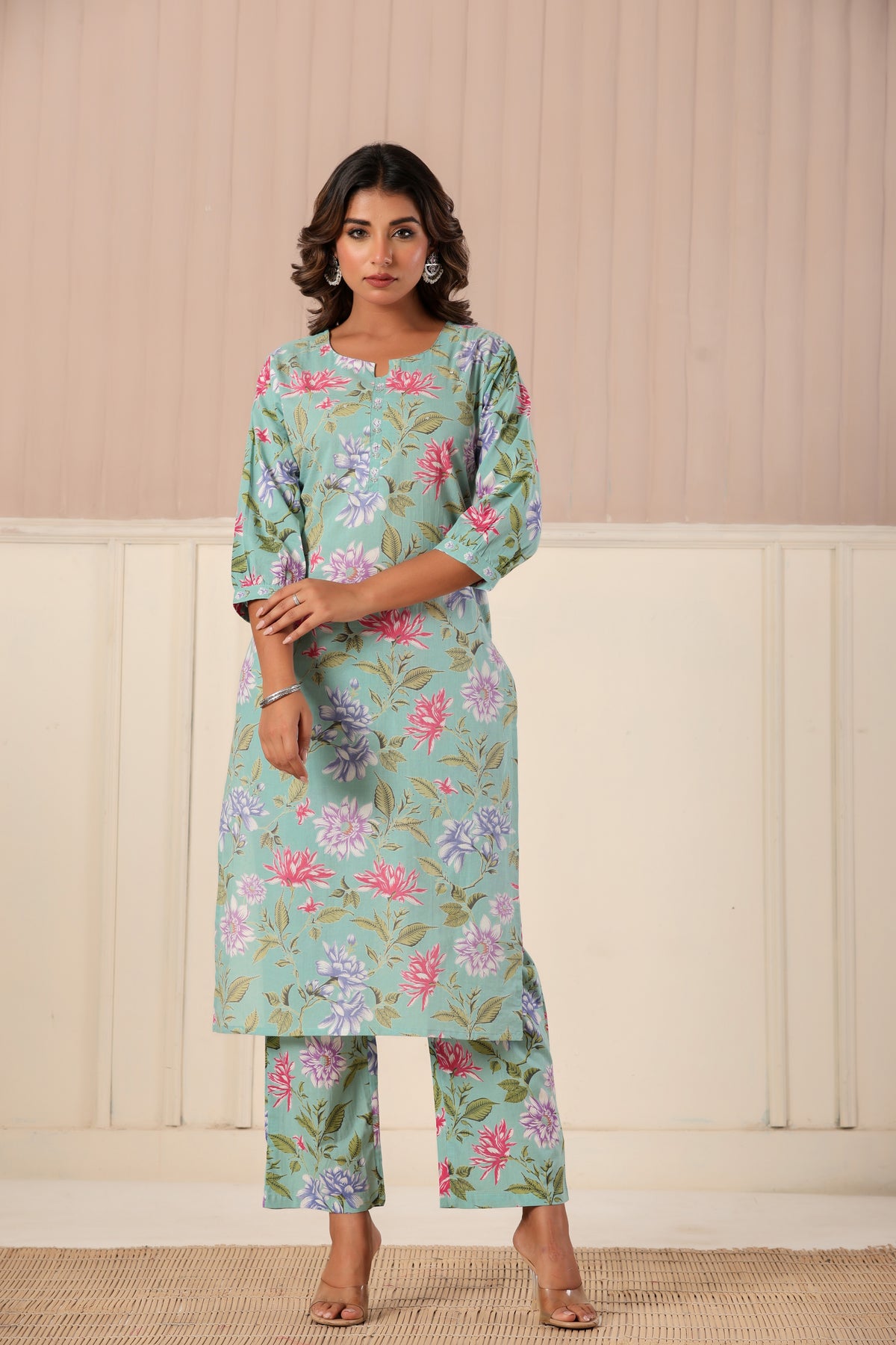 Green floral printed cotton kurta set