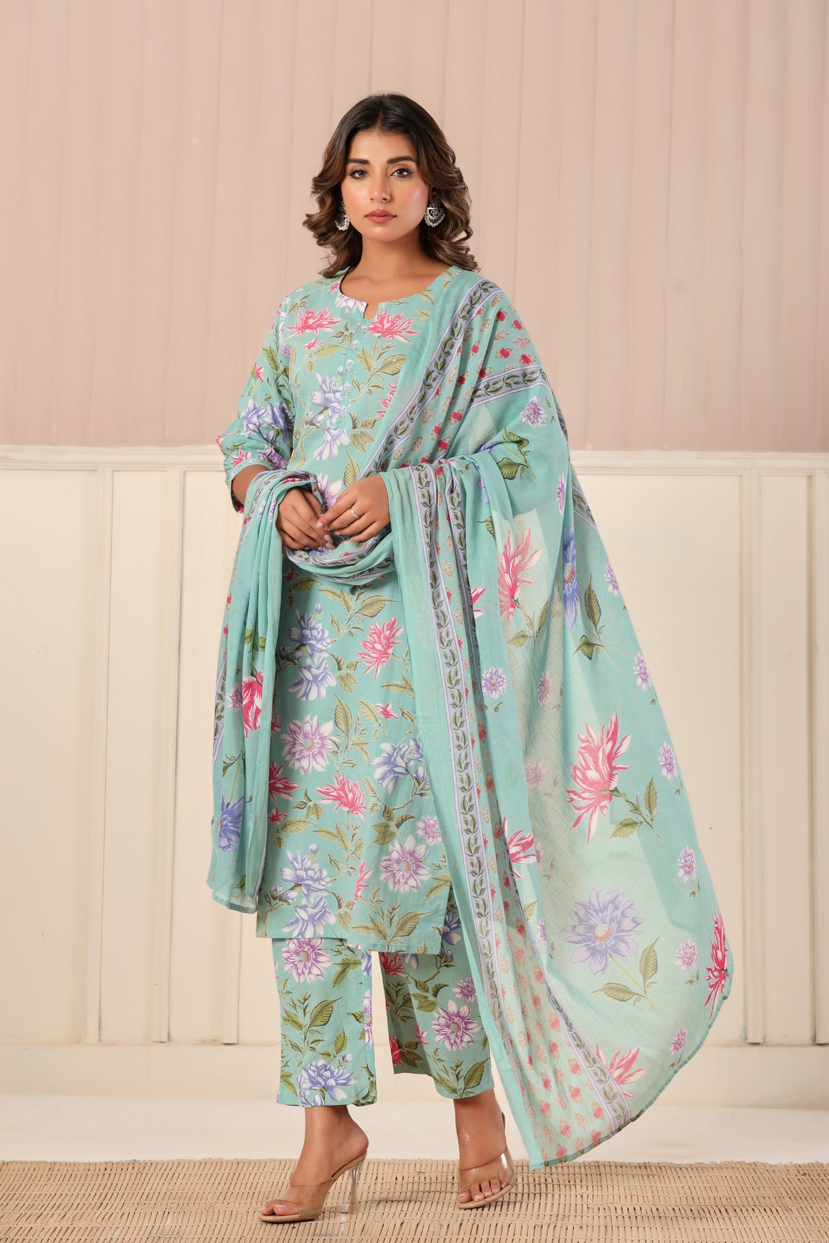 Green floral printed cotton kurta set