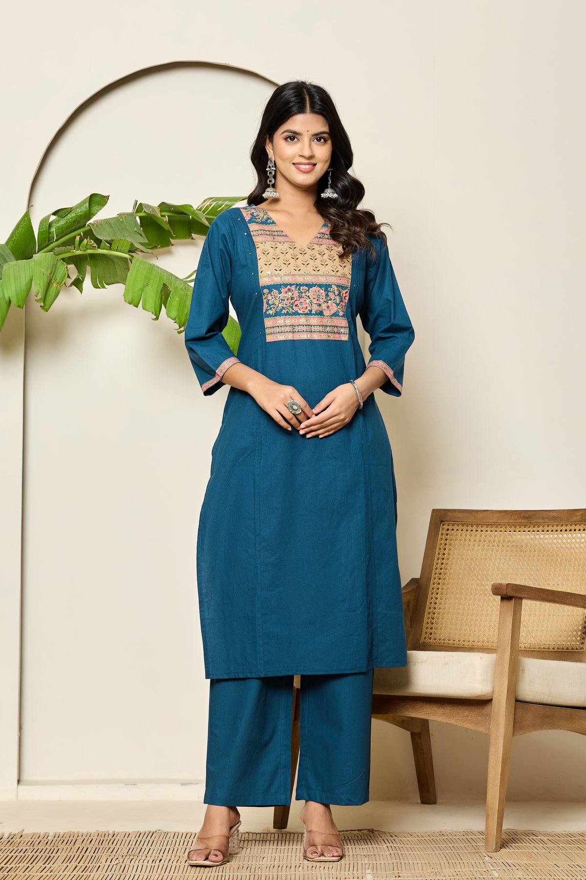 Square yoke design cotton navy blue kurta set