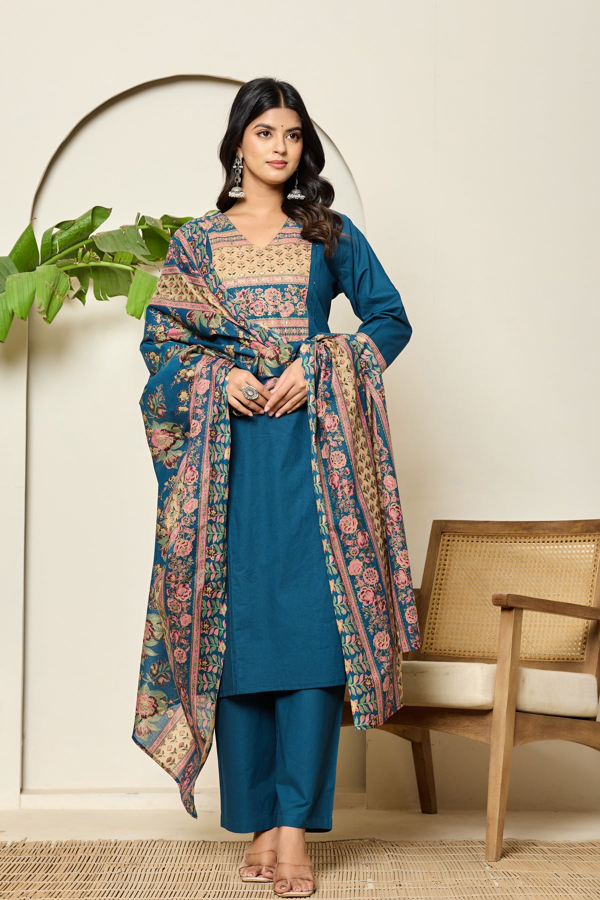 Square yoke design cotton navy blue kurta set