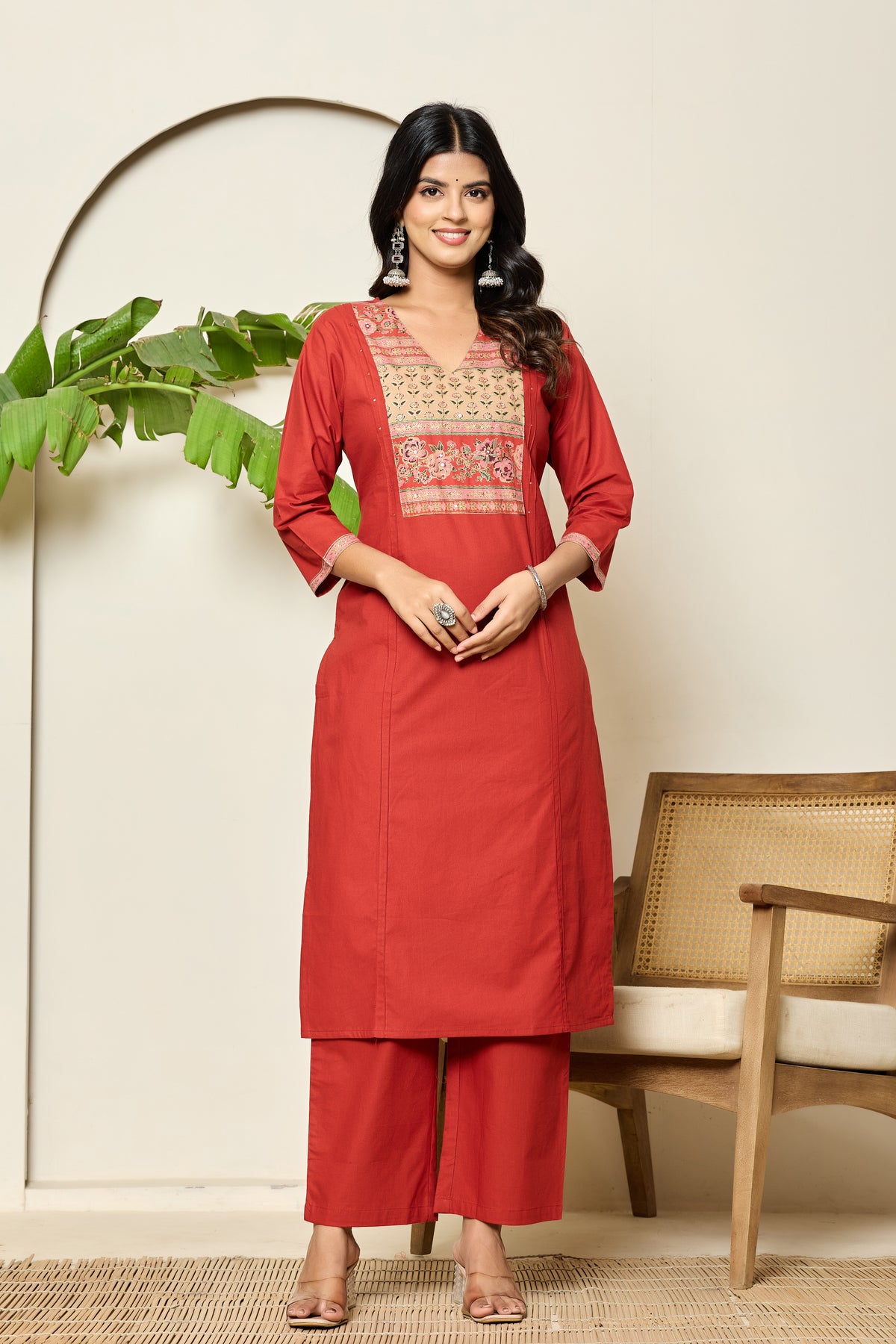 Square yoke design cotton red kurta set