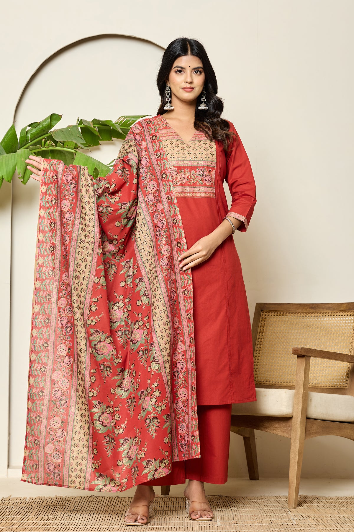 Square yoke design cotton red kurta set
