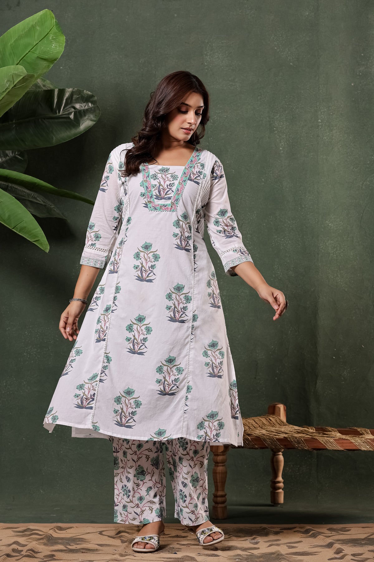 White & Green Sanganeri Floral Print Cotton Suit Set