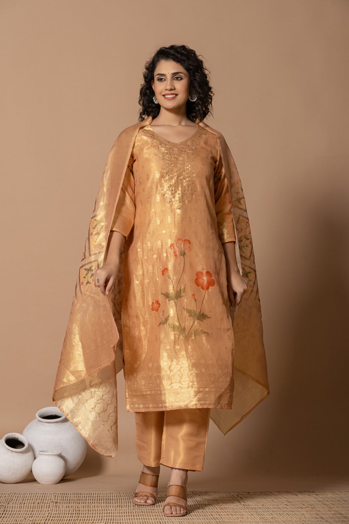 Jaquard floral printed mustard kurta set