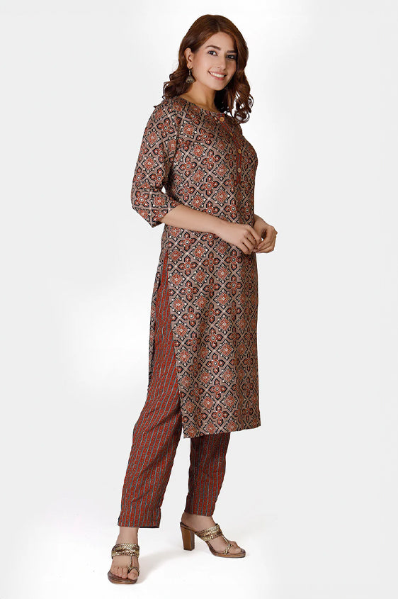 Ajrakh Printed Brown Kurta Set