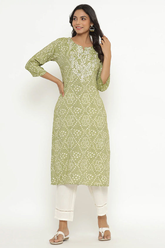 Bandhani Green Printed Embroidered Kurta Set