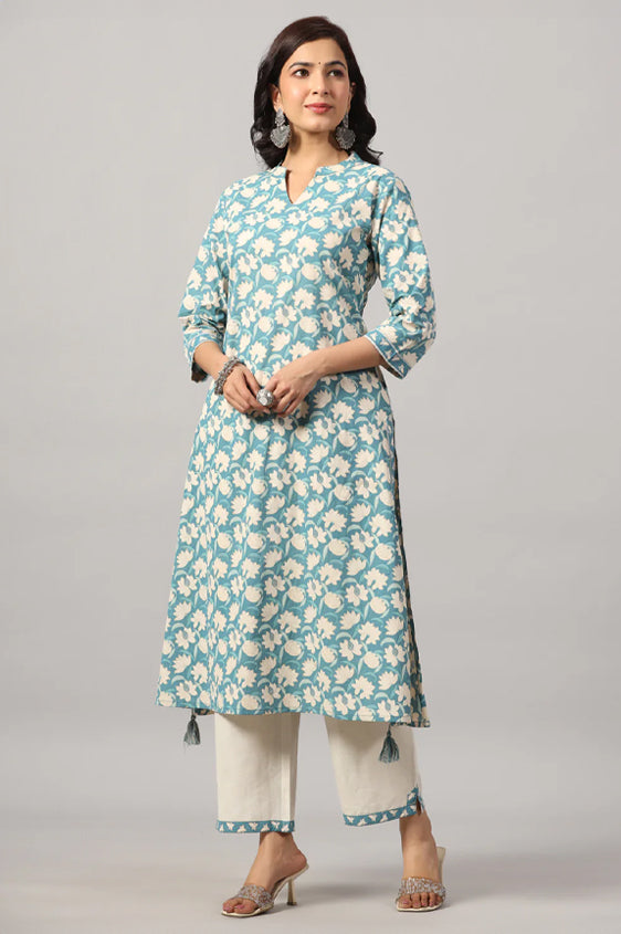 Blue A-Line Floral Kurta Set with Tassels