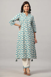 Blue A-Line Floral Kurta Set with Tassels