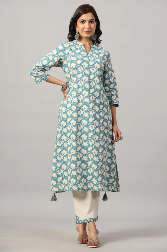 Blue A-Line Floral Kurta Set with Tassels