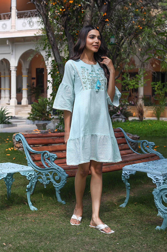 Blue Cotton Embroidered Dress