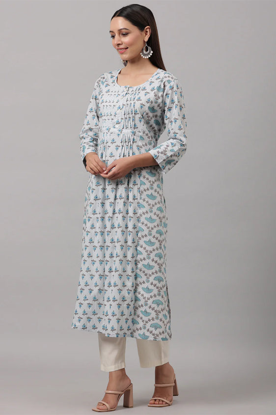 Blue Floral Printed Pintuck Kurti
