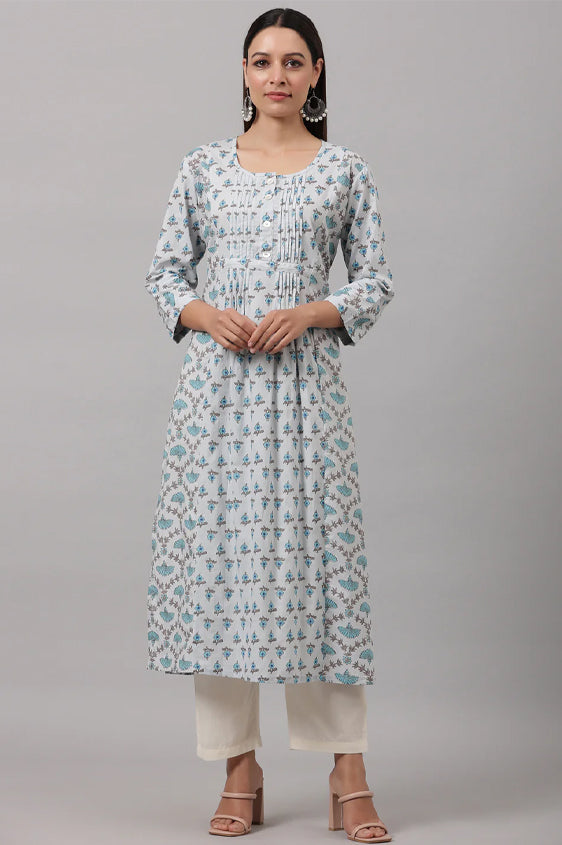 Blue Floral Printed Pintuck Kurti
