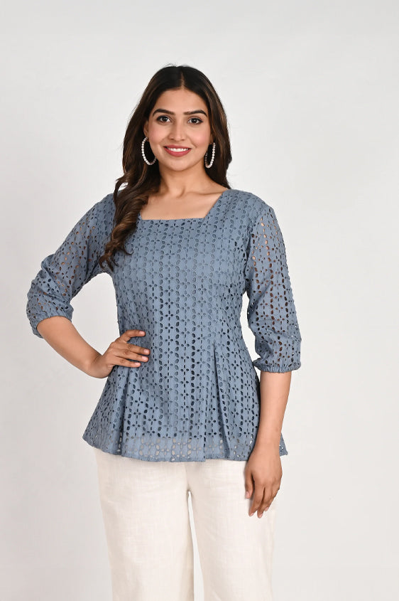 Blue square neck schiffli Top