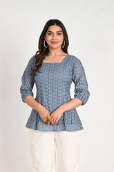 Blue square neck schiffli Top