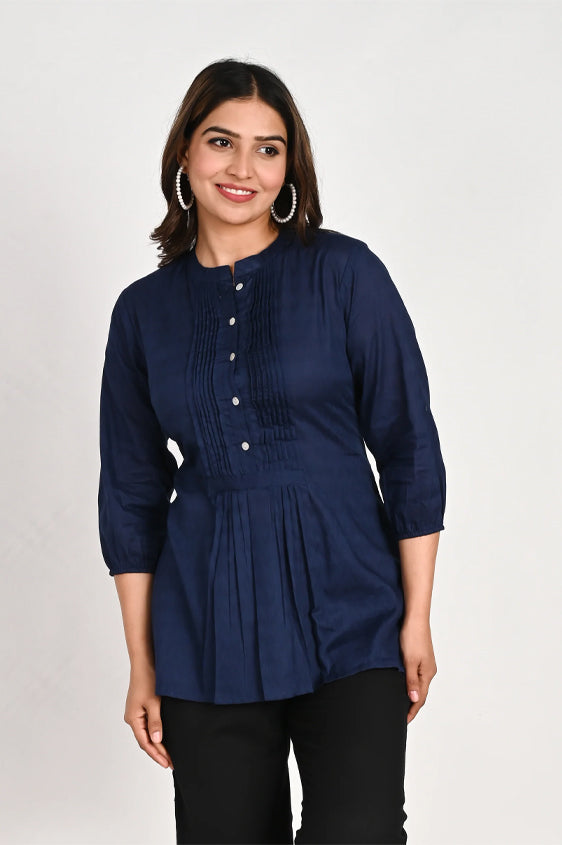 Cotton Navy Blue Pleated Top