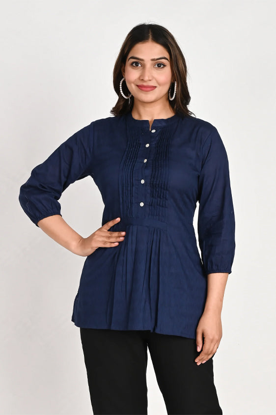 Cotton Navy Blue Pleated Top