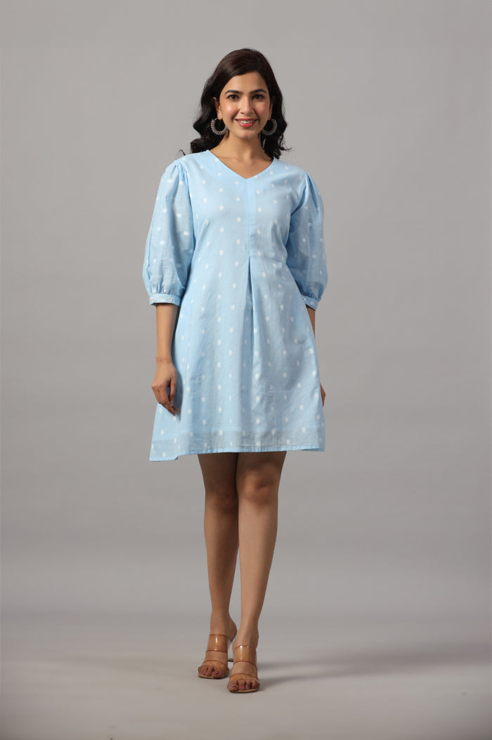 Cotton V Neck Blue Mini Dress