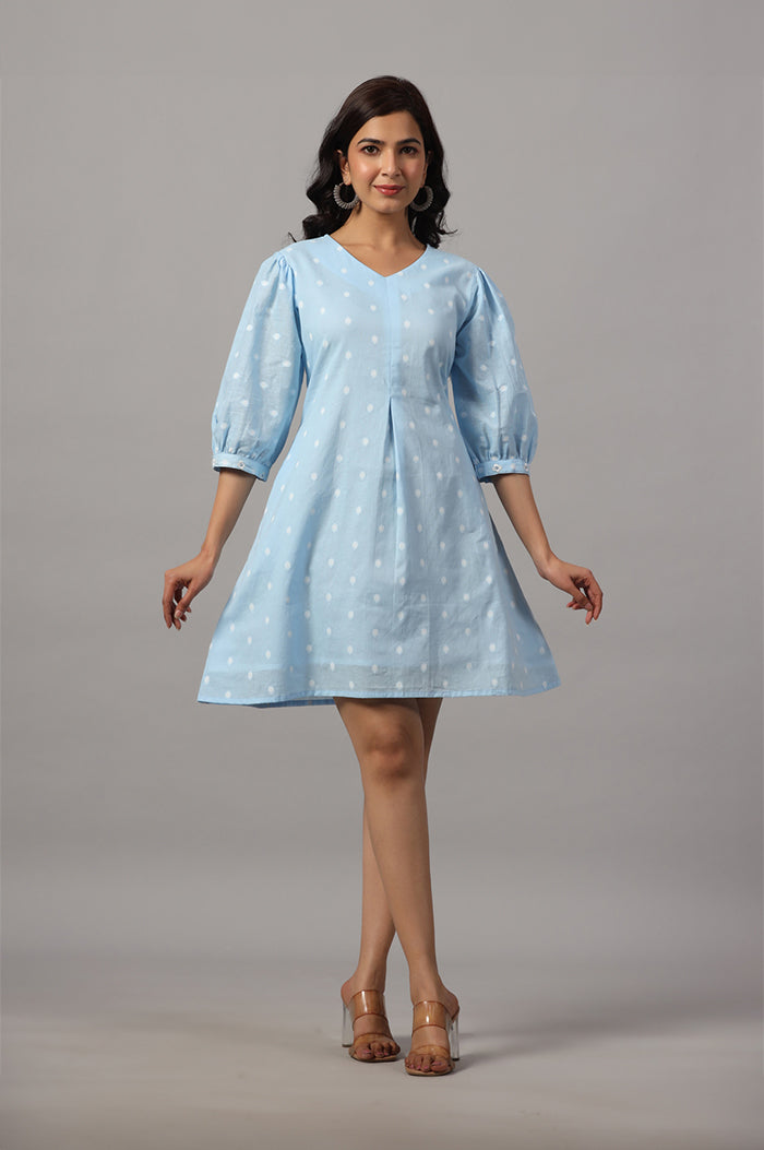 Cotton V Neck Blue Mini Dress