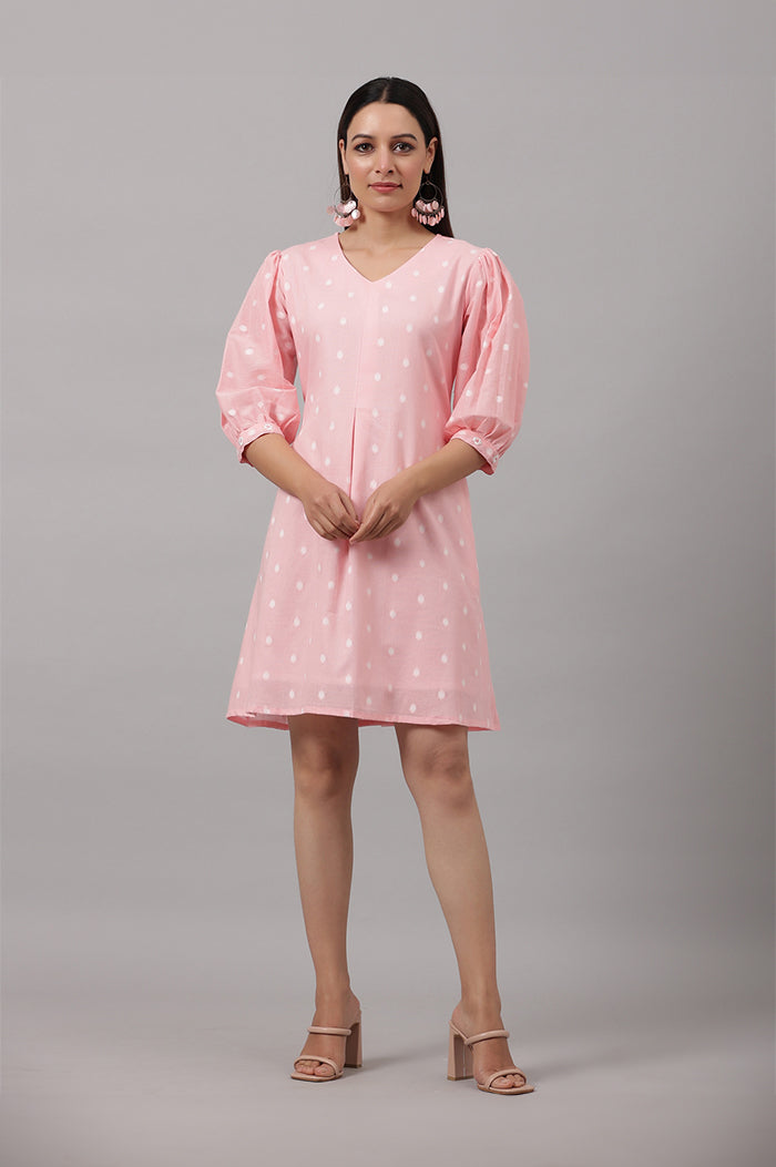 Cotton V Neck Pink Mini Dress
