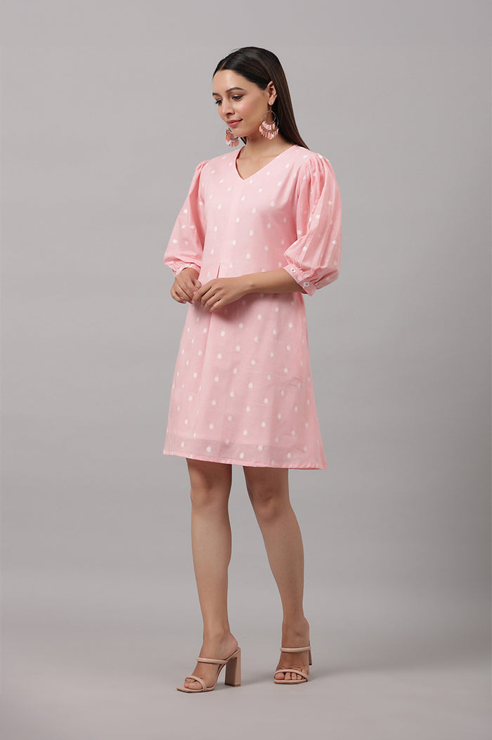 Cotton V Neck Pink Mini Dress