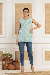 Floral printed sleeveless blue cotton top
