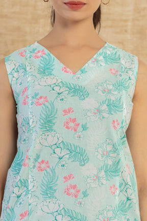 Floral printed sleeveless blue cotton top