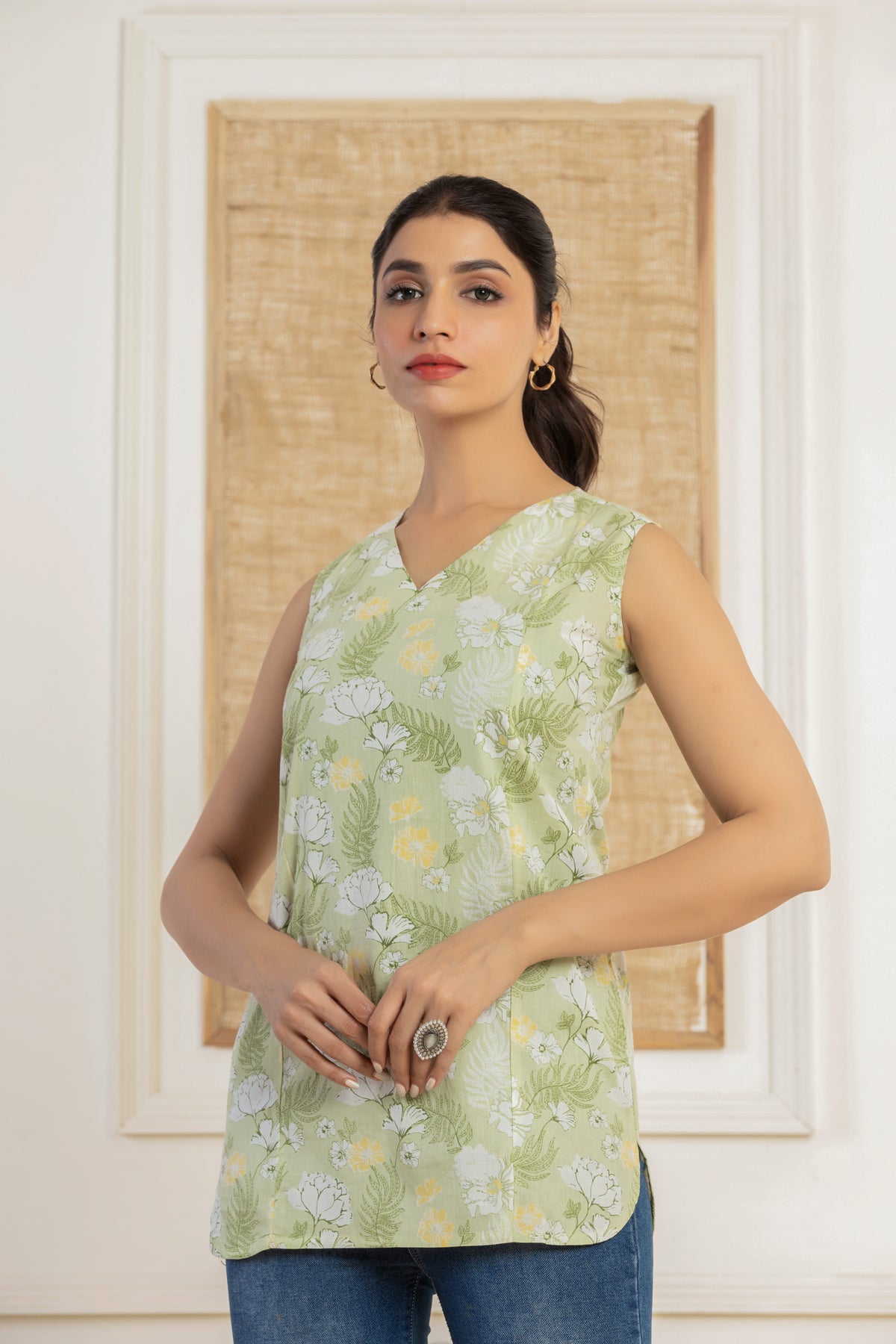Floral printed Sleeveless green cotton top