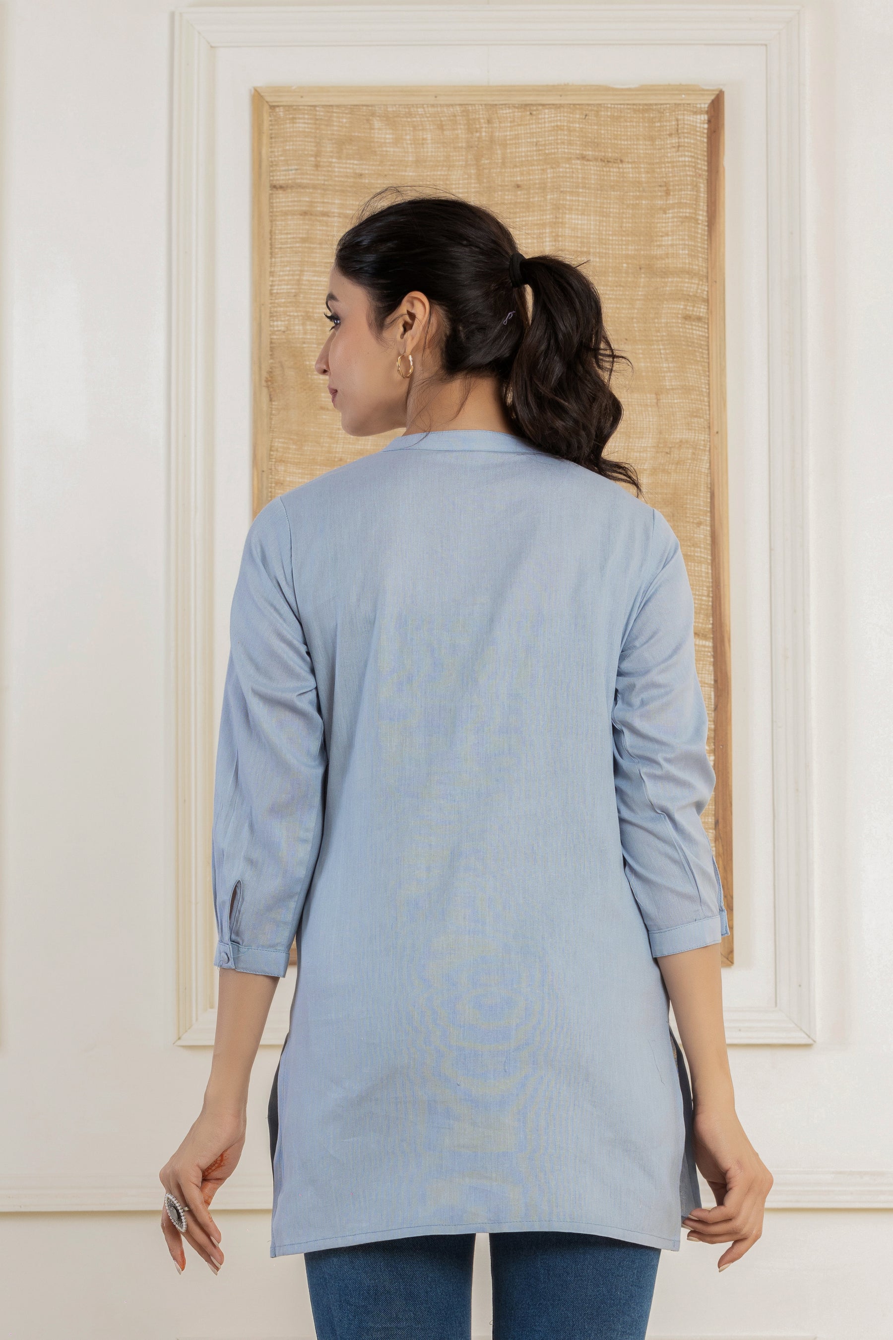 Solid blue flex top with potli buttons