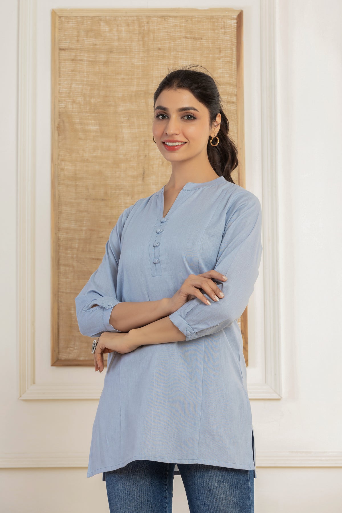 Solid blue flex top with potli buttons
