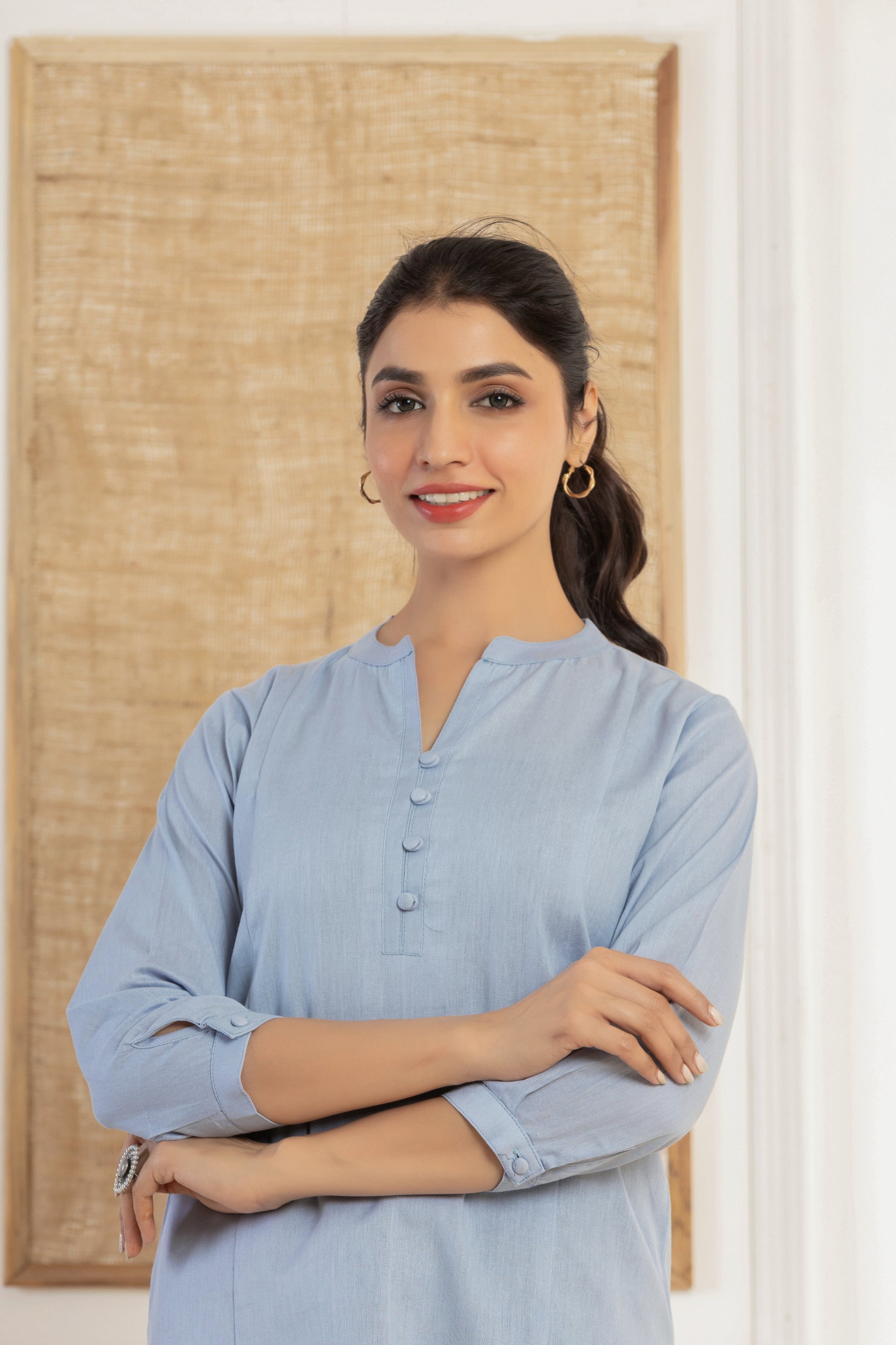 Solid blue flex top with potli buttons