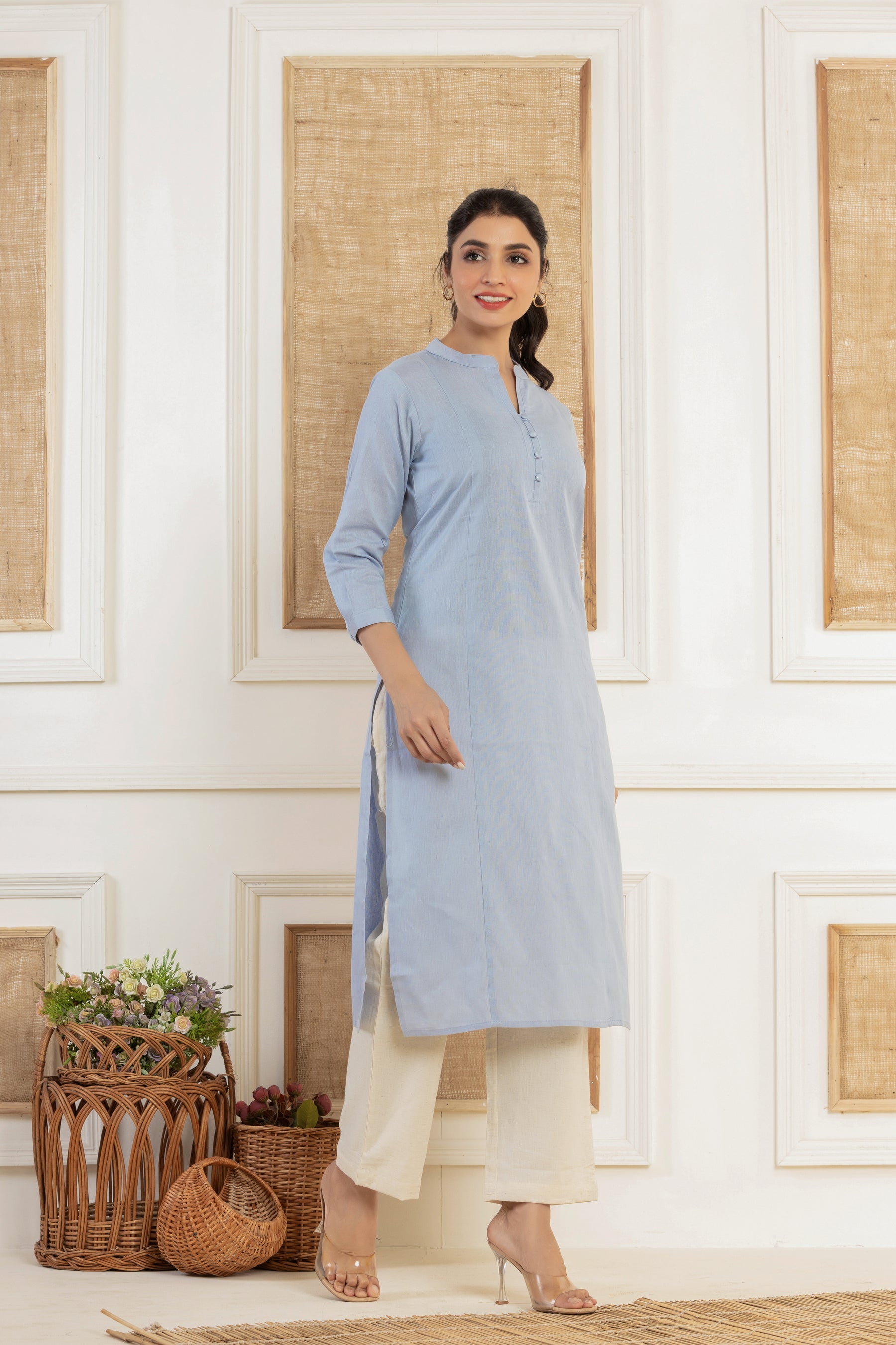 Solid blue flex kurti with potli buttons