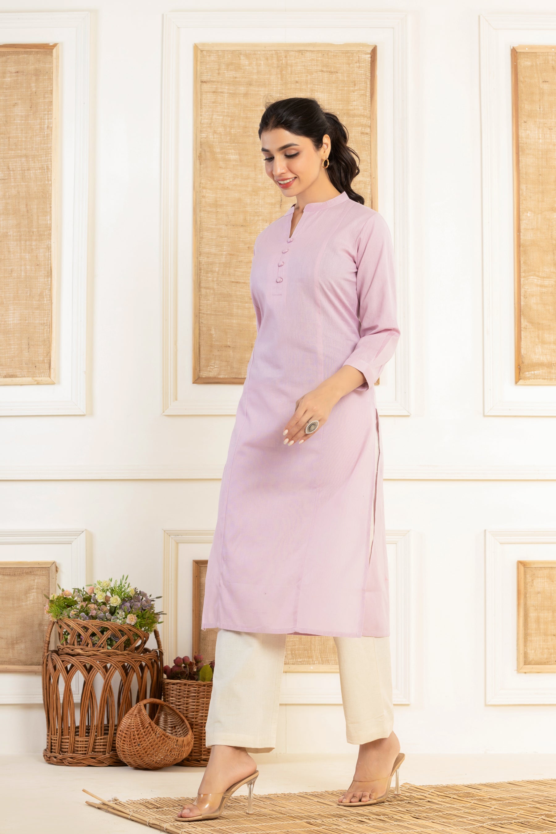 Solid purple flex kurti with potli buttons