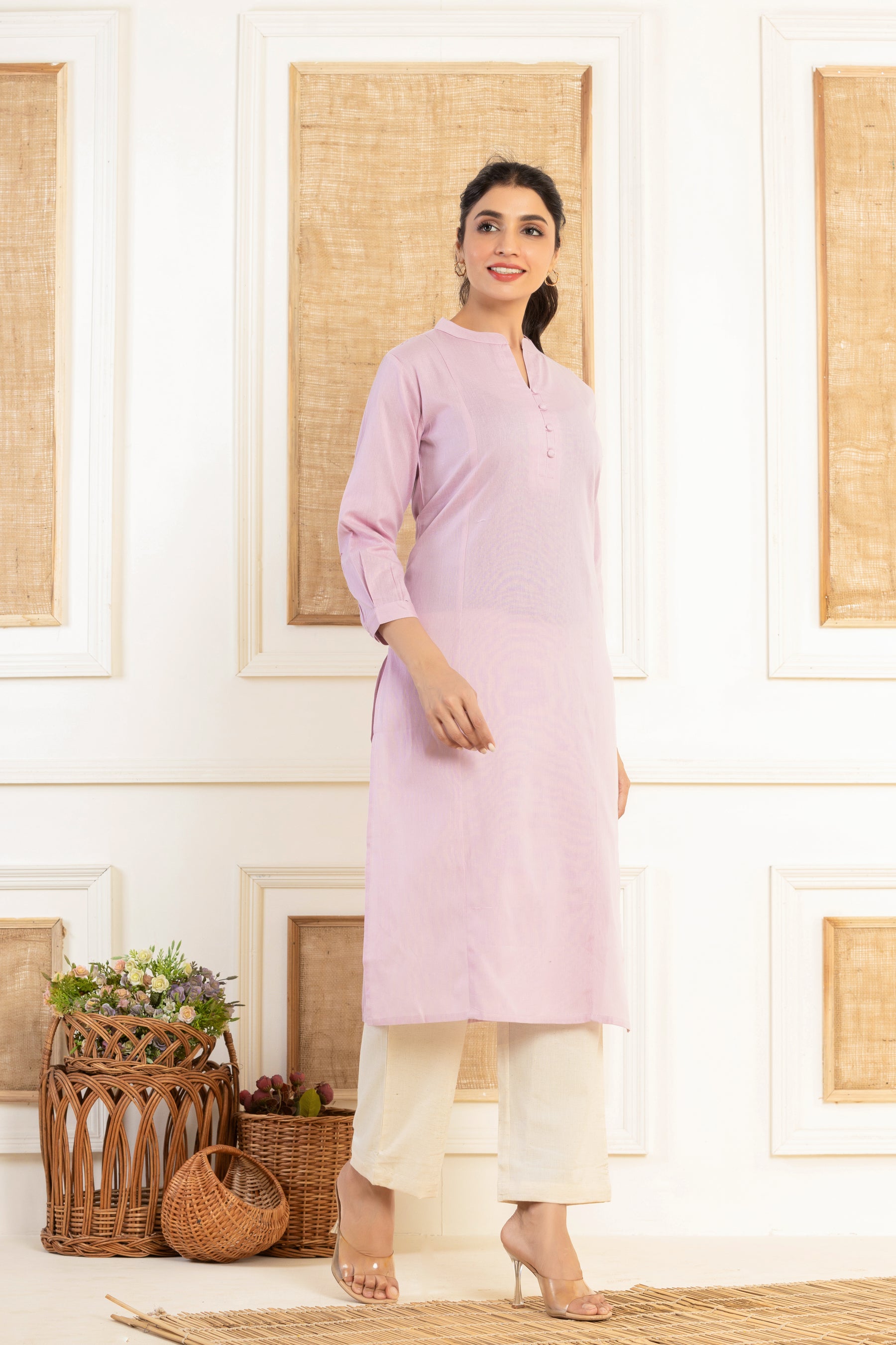 Solid purple flex kurti with potli buttons