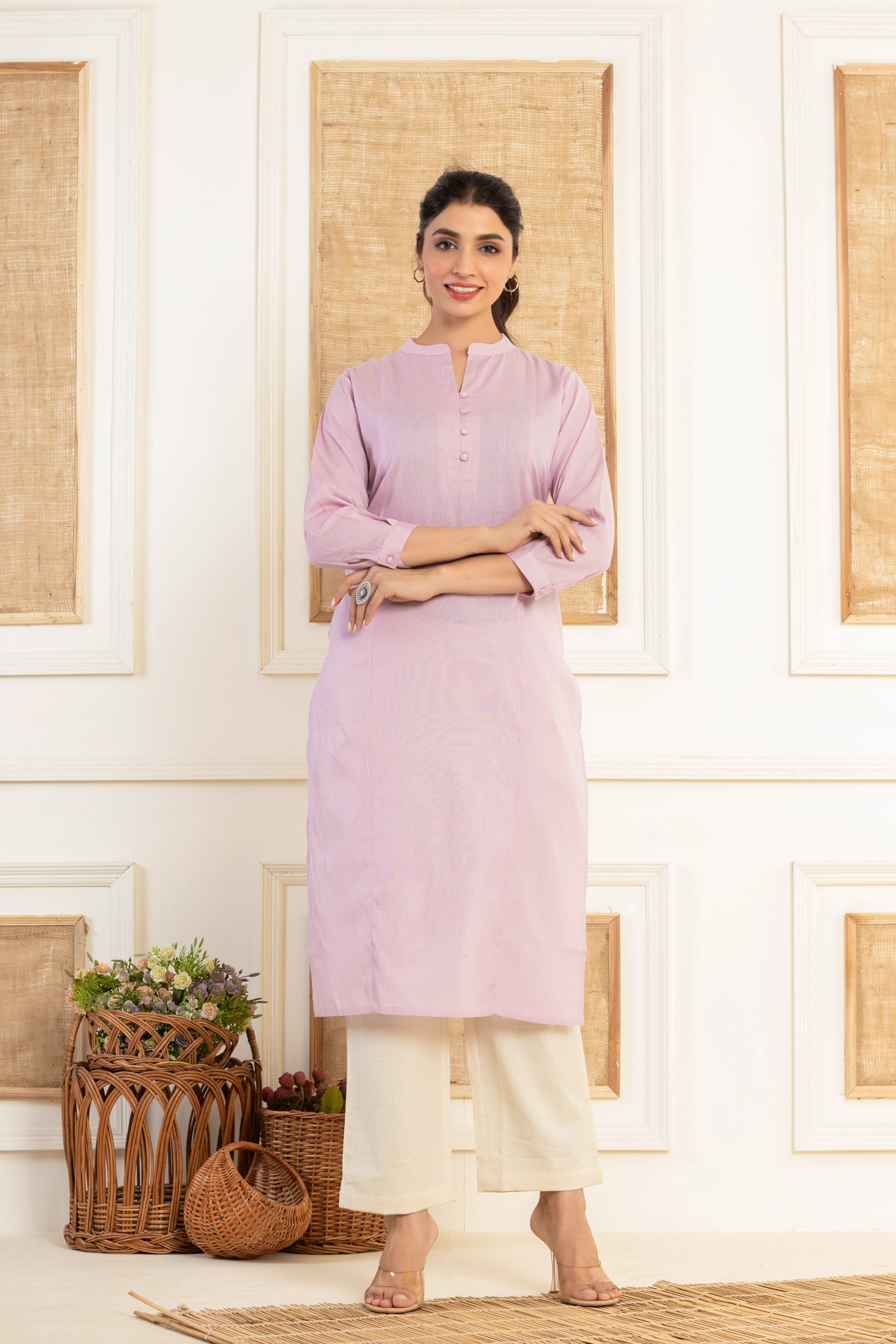 Solid purple flex kurti with potli buttons
