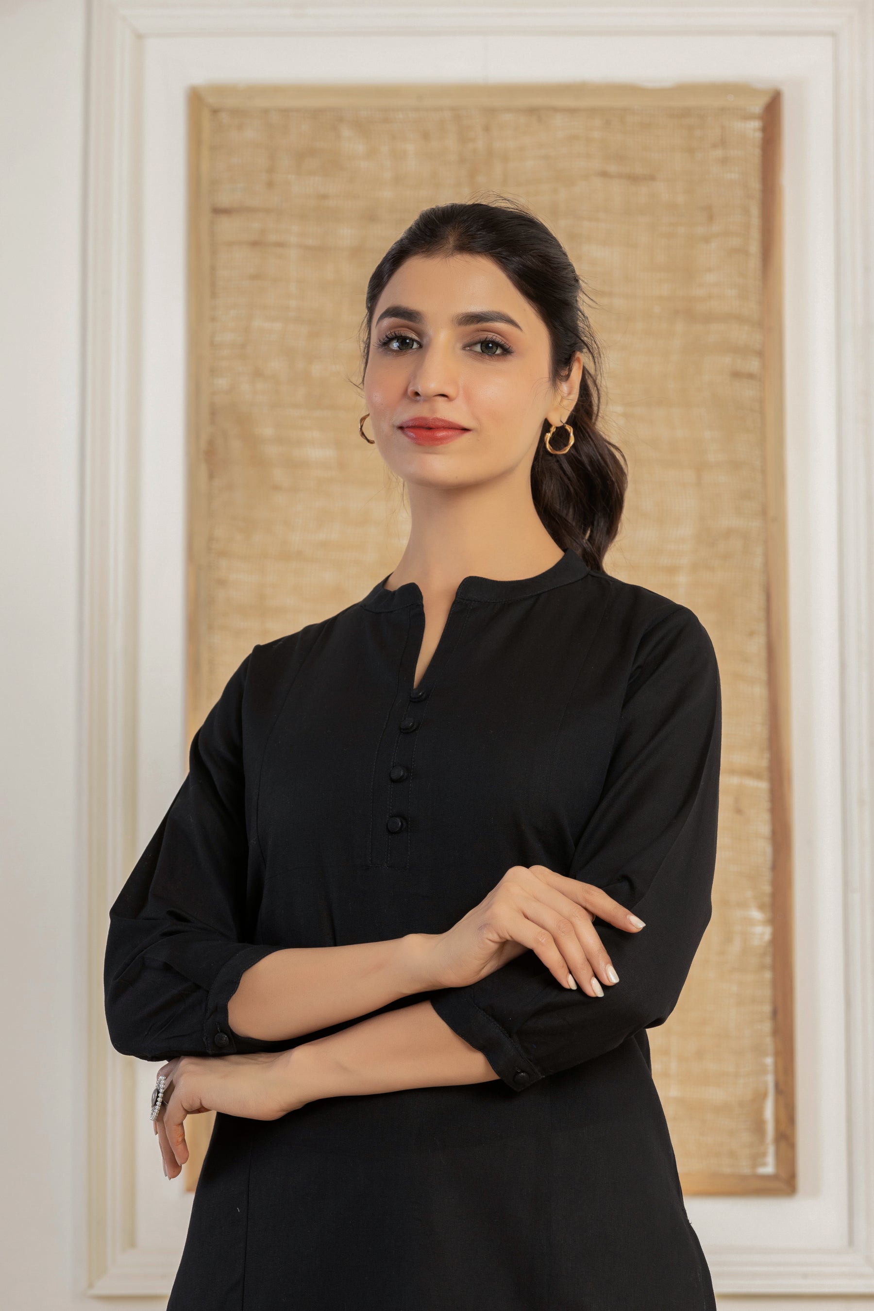 Solid black flex kurti with potli buttons