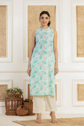 Sleeveless floral printed blue cotton kurti
