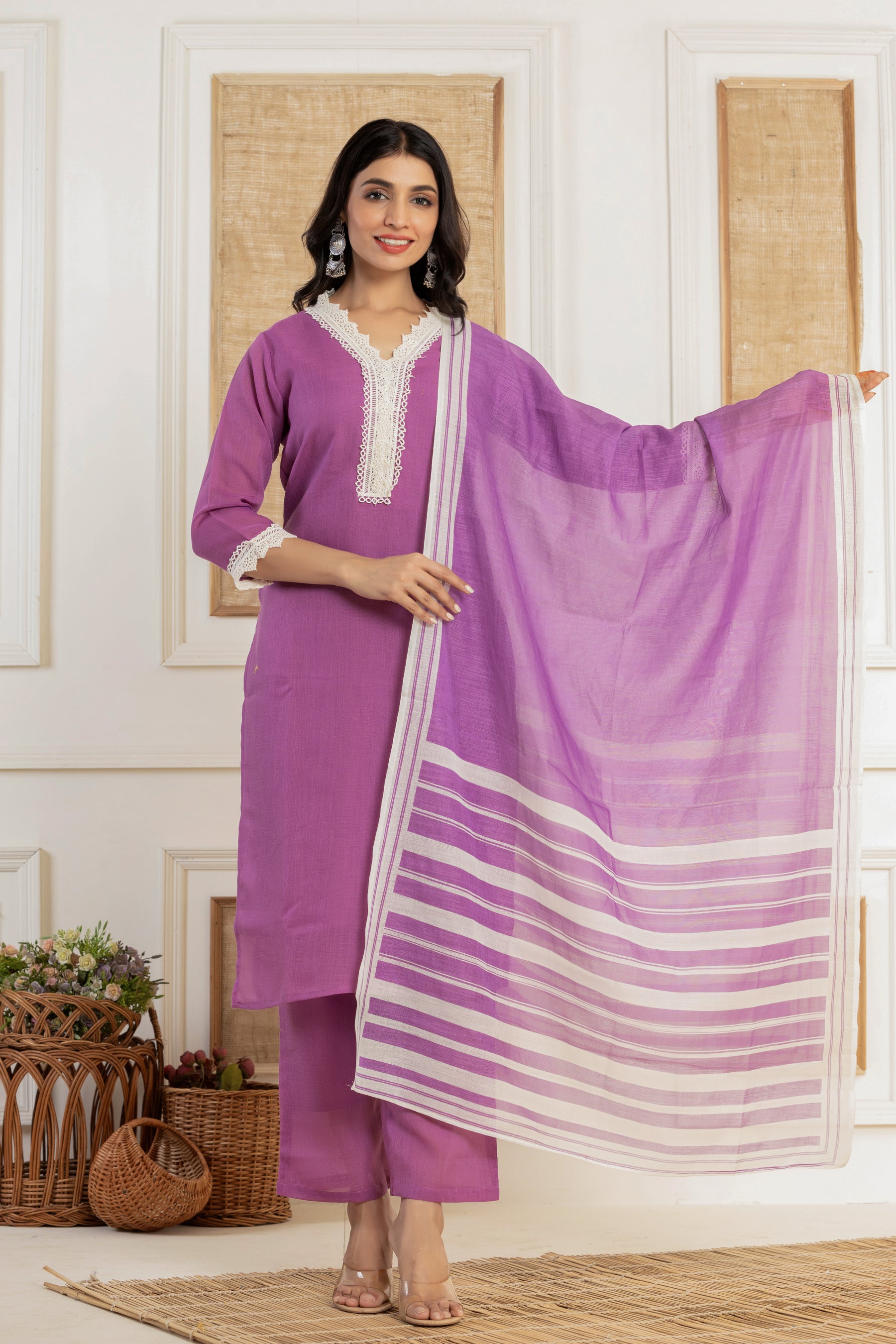 V neck solid purple kurta set