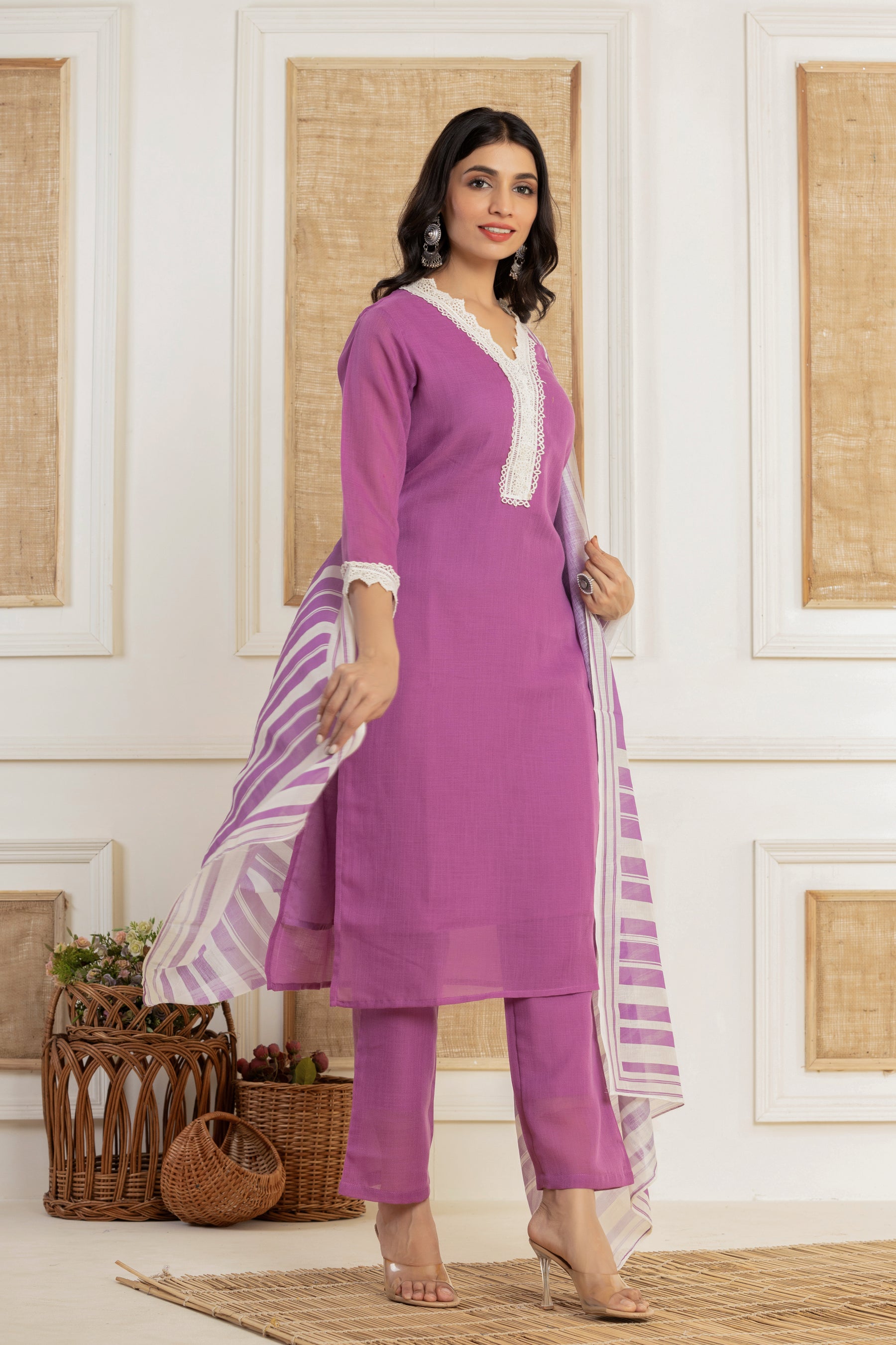 V neck solid purple kurta set