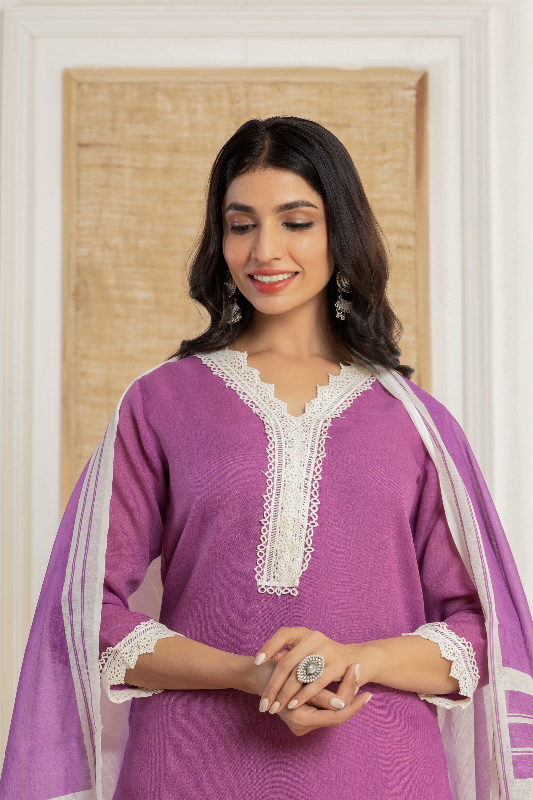 V neck solid purple kurta set
