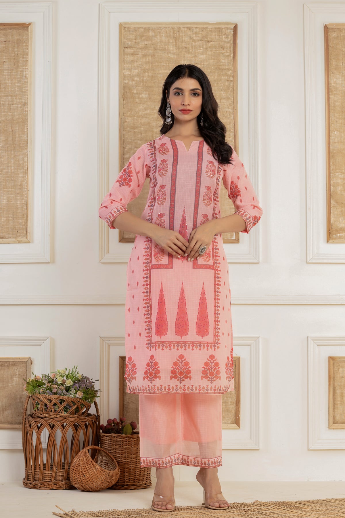 Floral printed peach kota doria kurta set