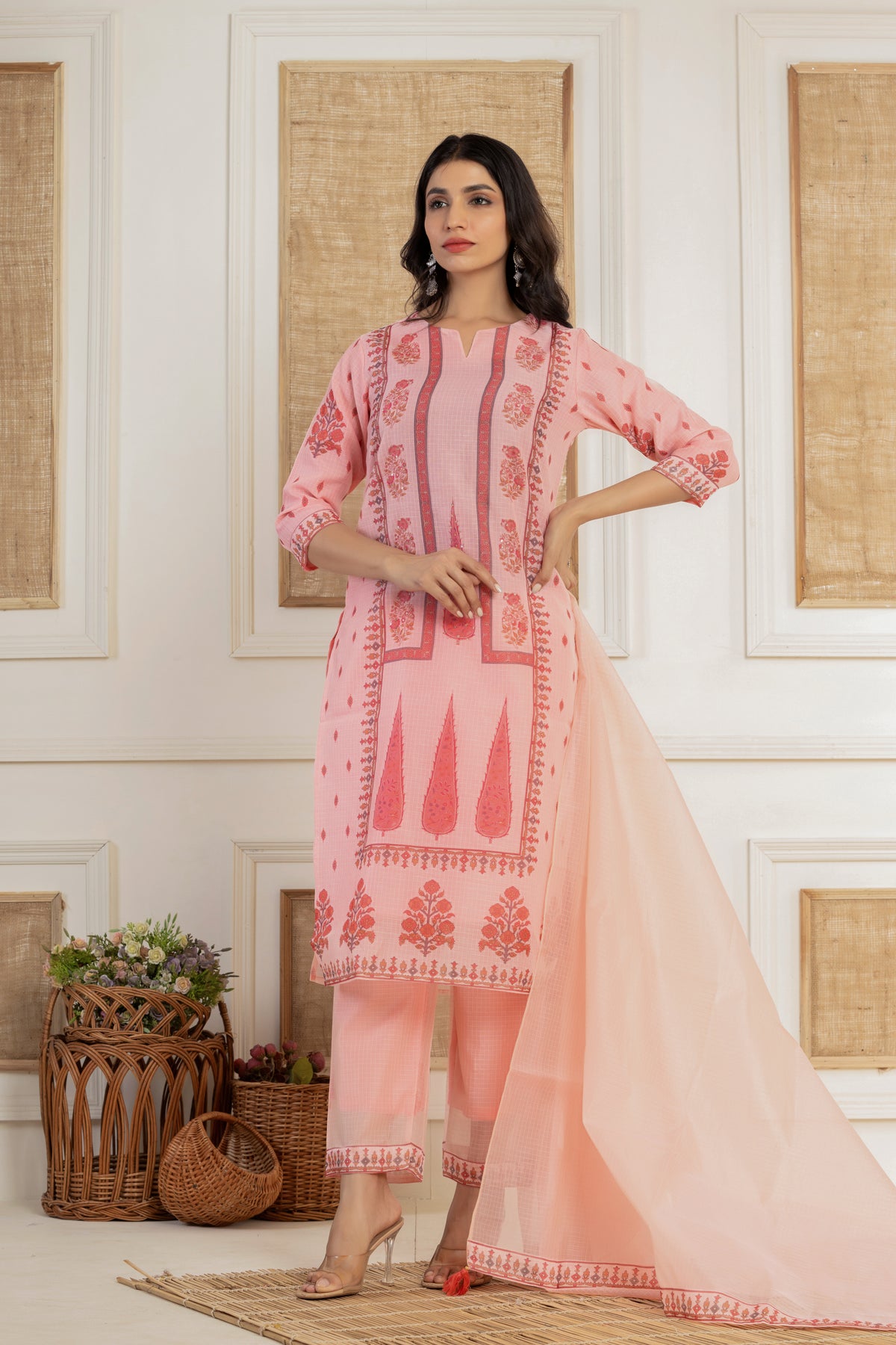 Floral printed peach kota doria kurta set