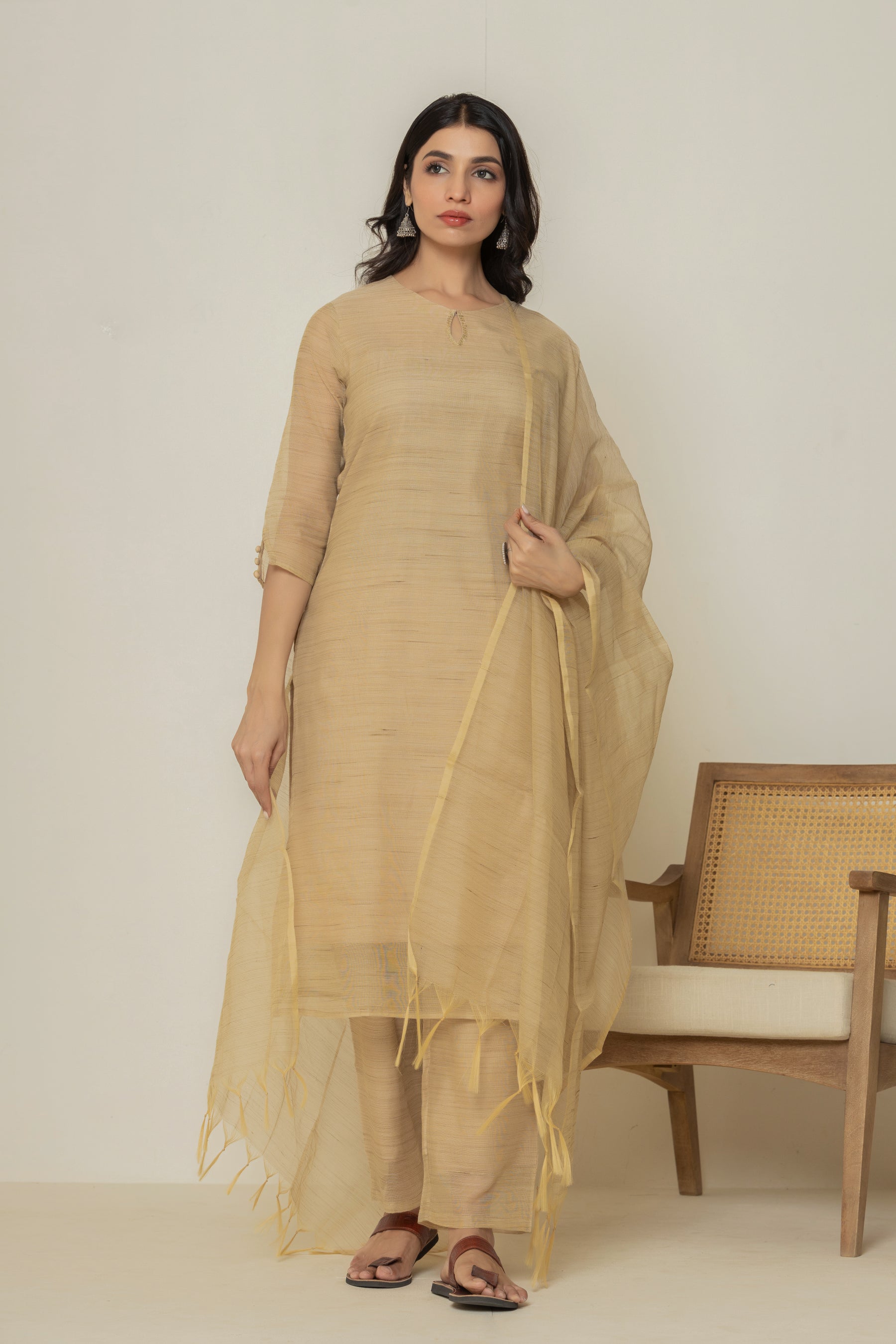 Cotton linen solid brown kurta set