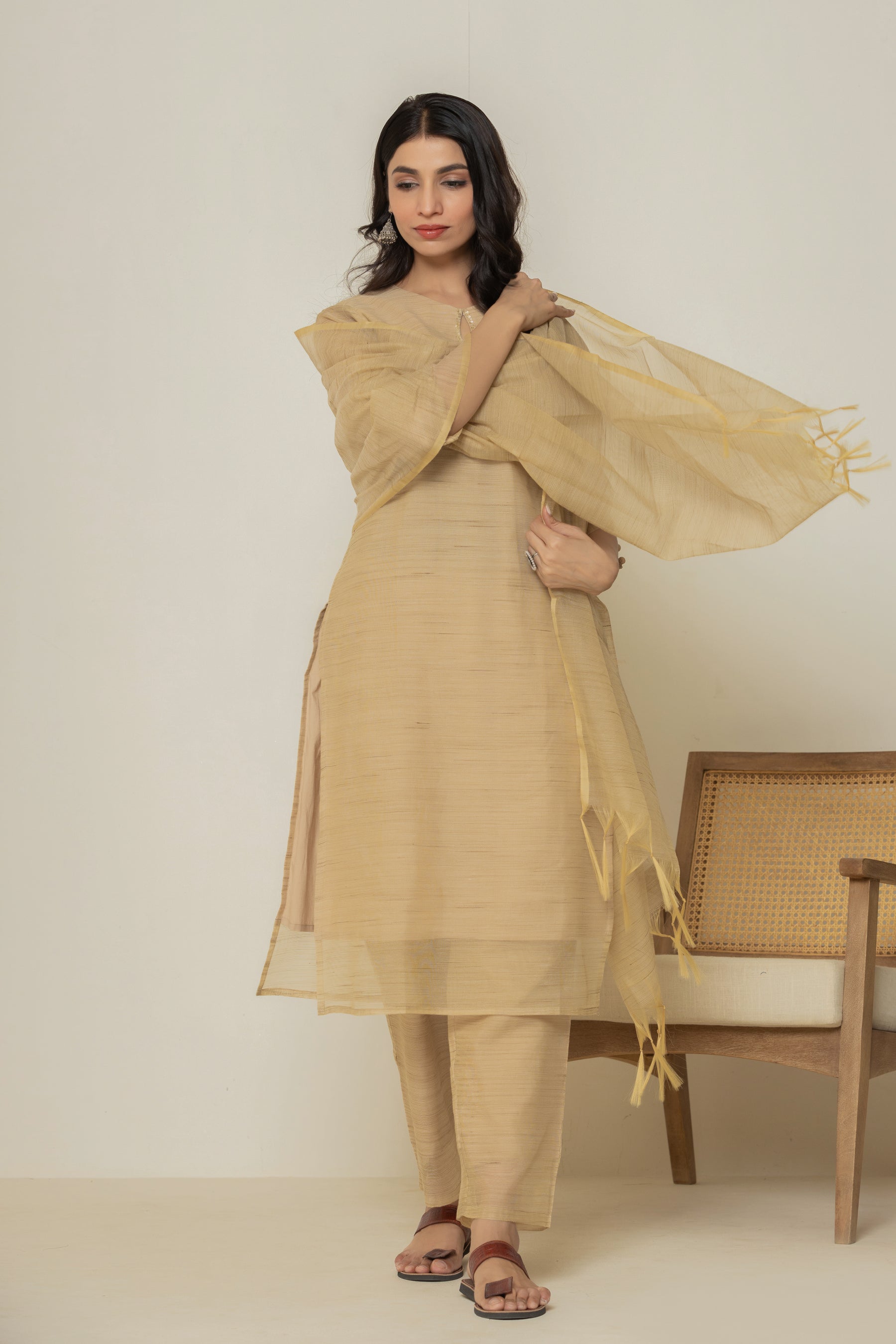 Cotton linen solid brown kurta set