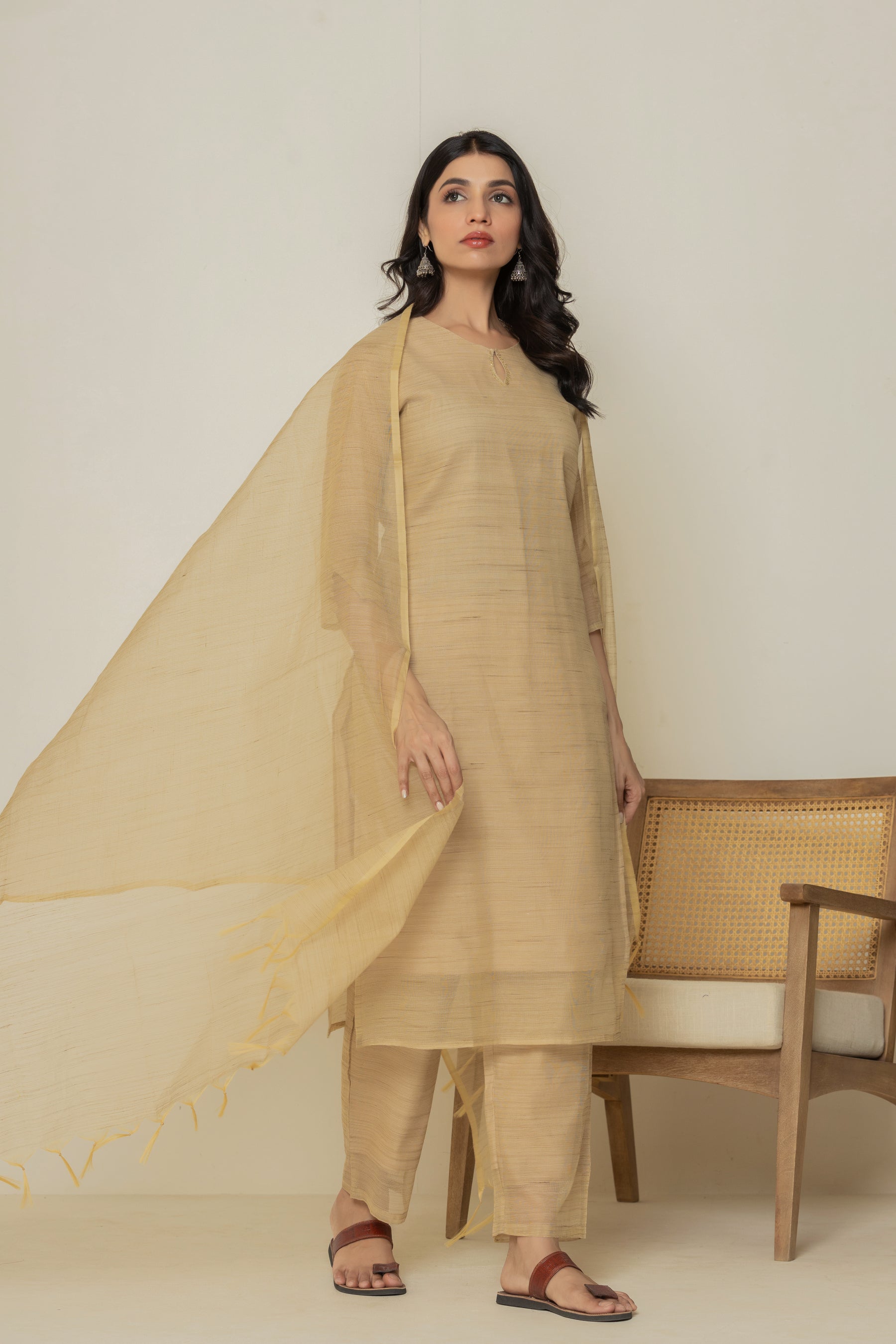 Cotton linen solid brown kurta set