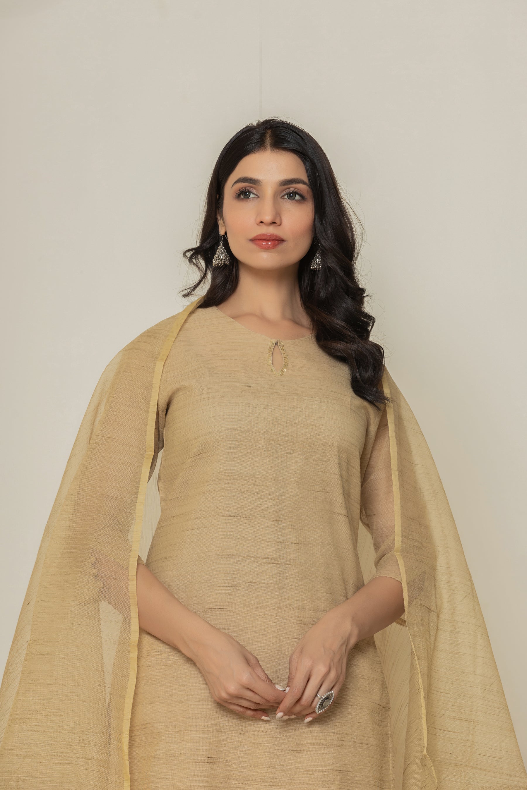 Cotton linen solid brown kurta set