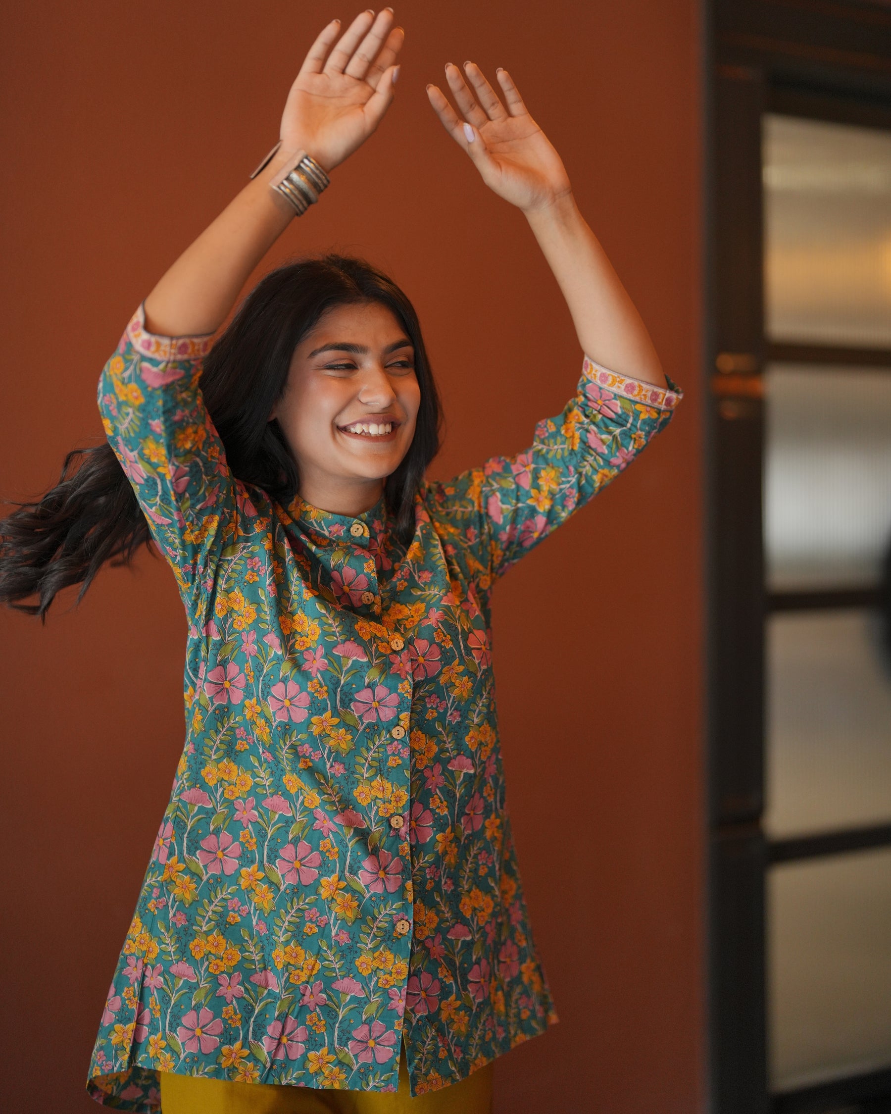 Blue Cotton Floral Shirt