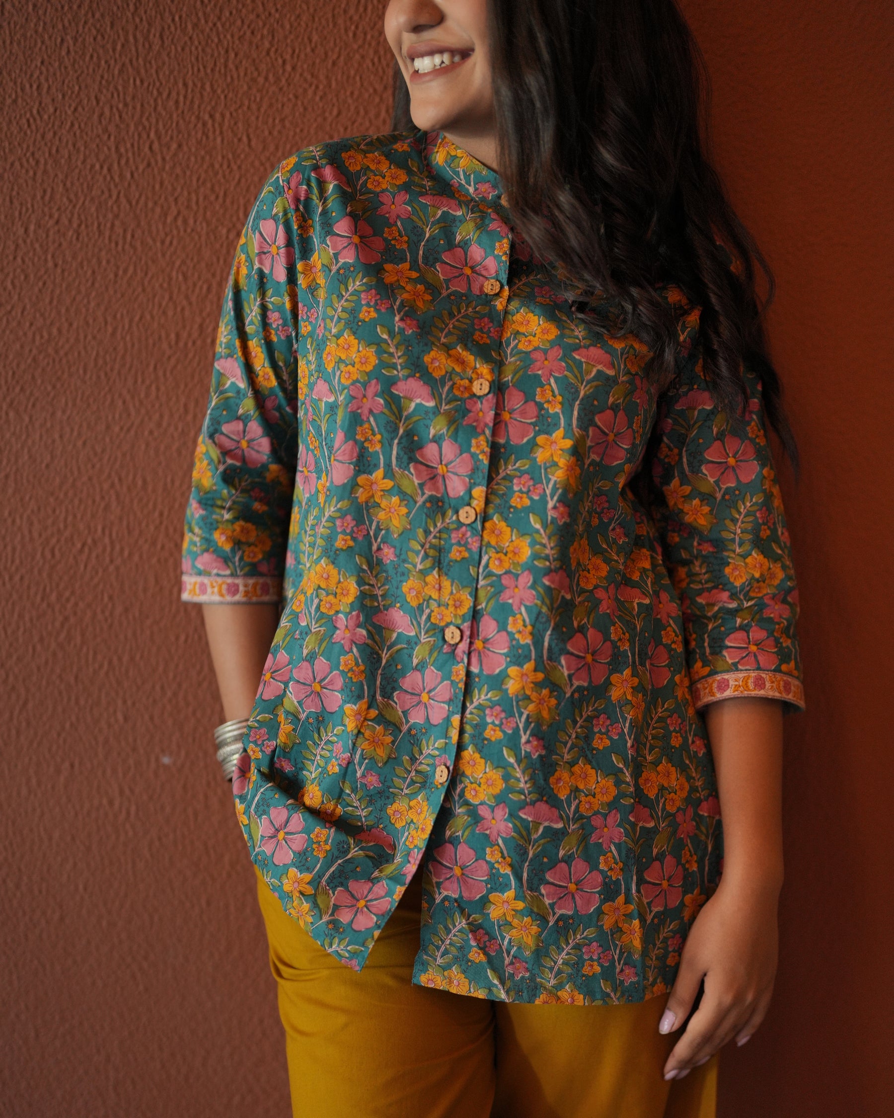 Blue Cotton Floral Shirt